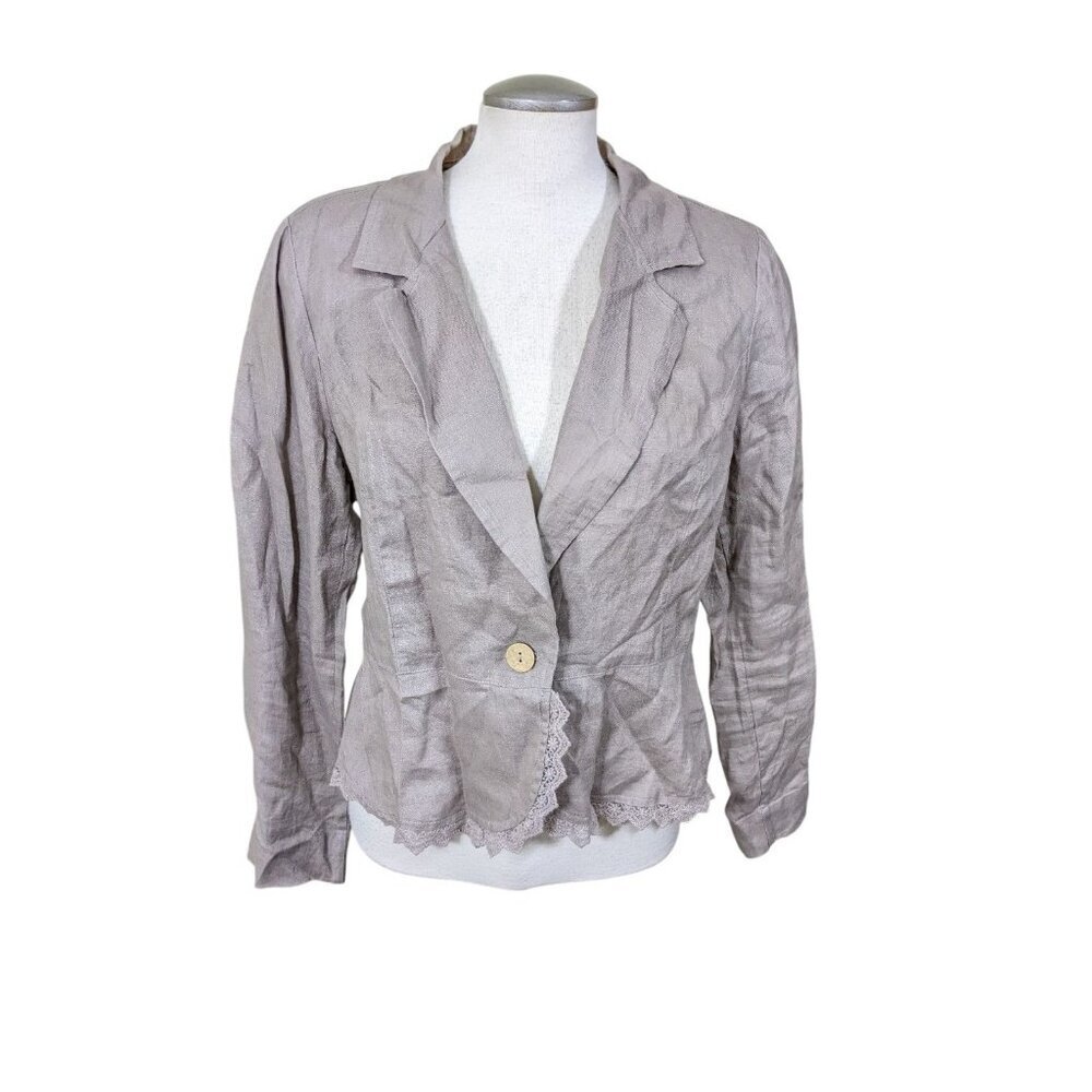 Tricotto Womens L Linen Jacket Lightweight Cropped Crochet Lace Trim Taupe Beige